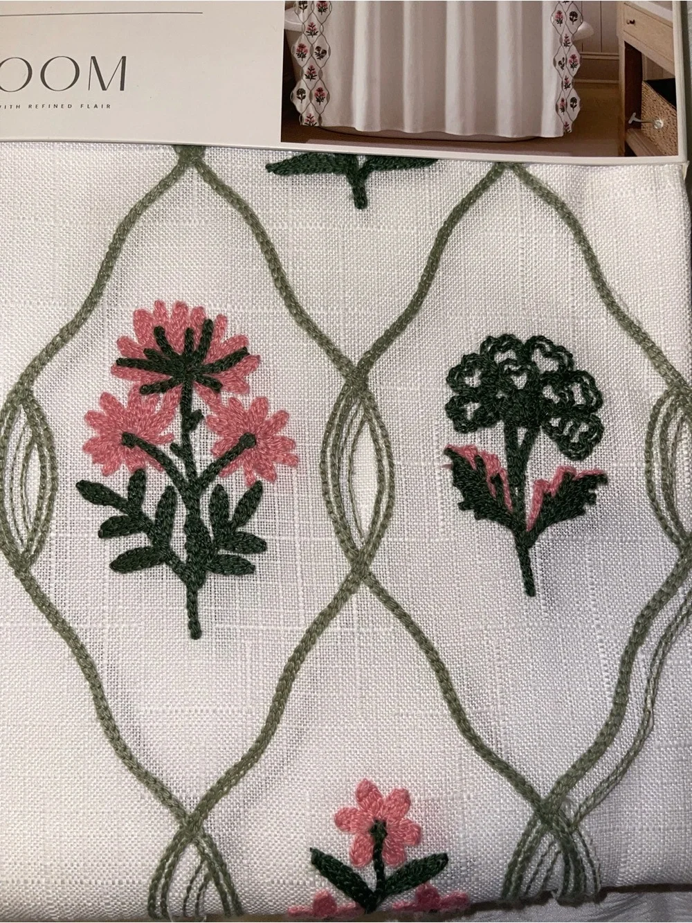 bloom White Embroidered Shower Curtain with Pink & Green Floral Motifs